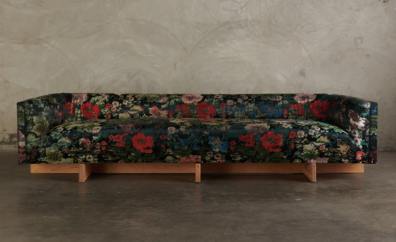 LATE 19TH C FRENCH BROCADE UPHOLSTERY ON MID CENTURY FRAME